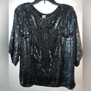 100% Silk Blouse Black Mermaid Scale Mega Sequin Top  Cocktail Round Neck Sp5